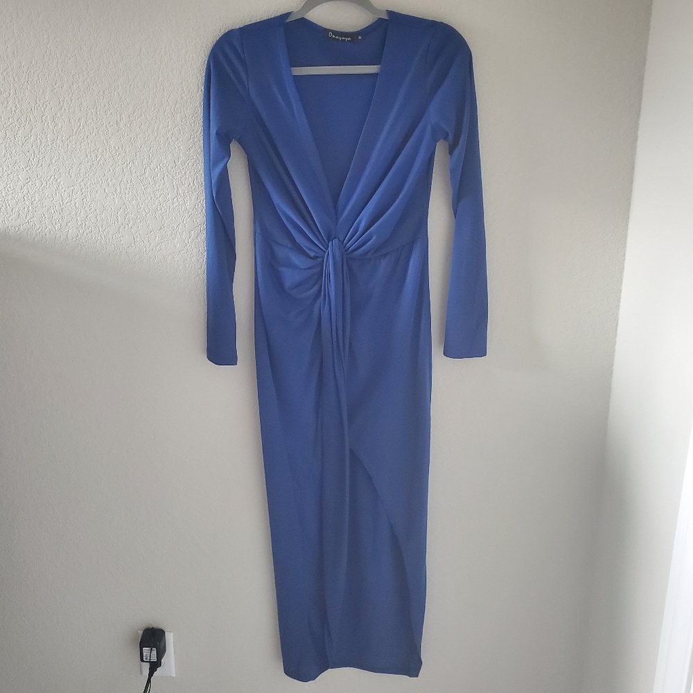 Onayaya blue front twist plunging v neckline asymmetrical midi dress